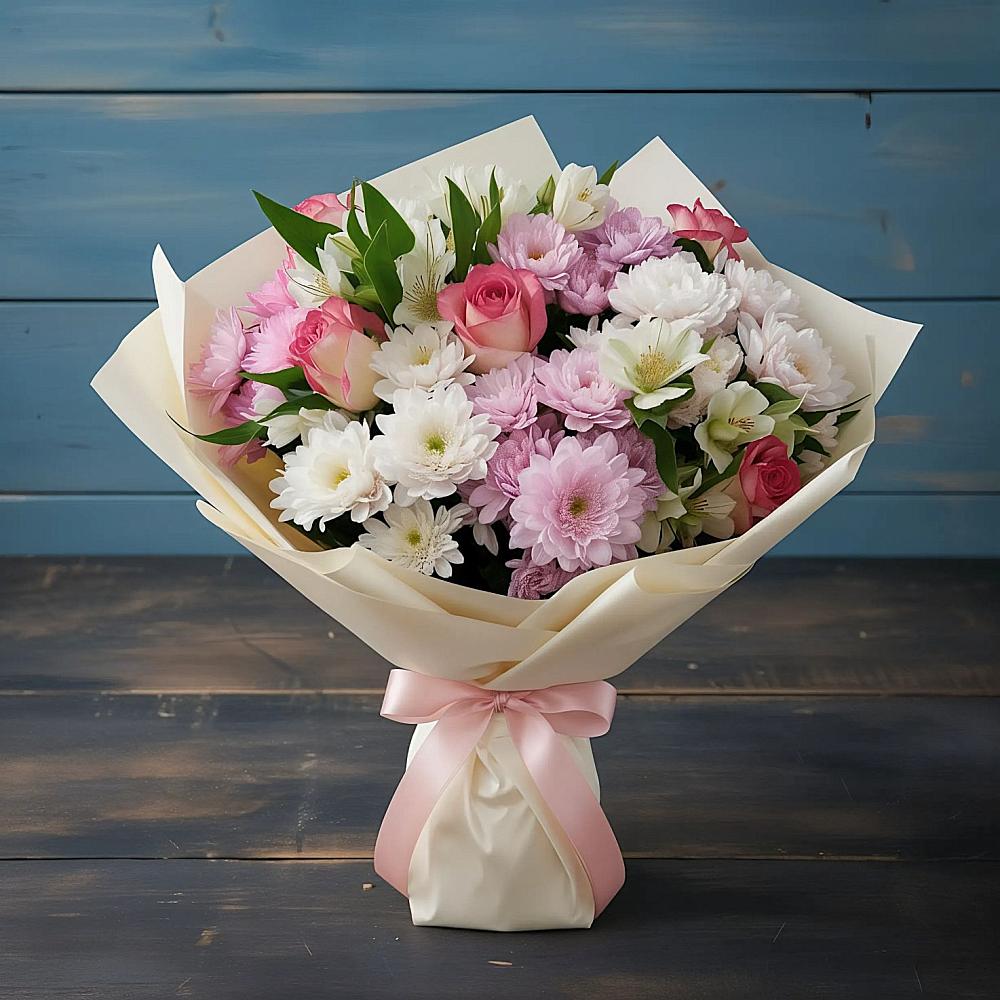 Букет цветов из: Хризантемы, Альстромерии и Розы в Каменке